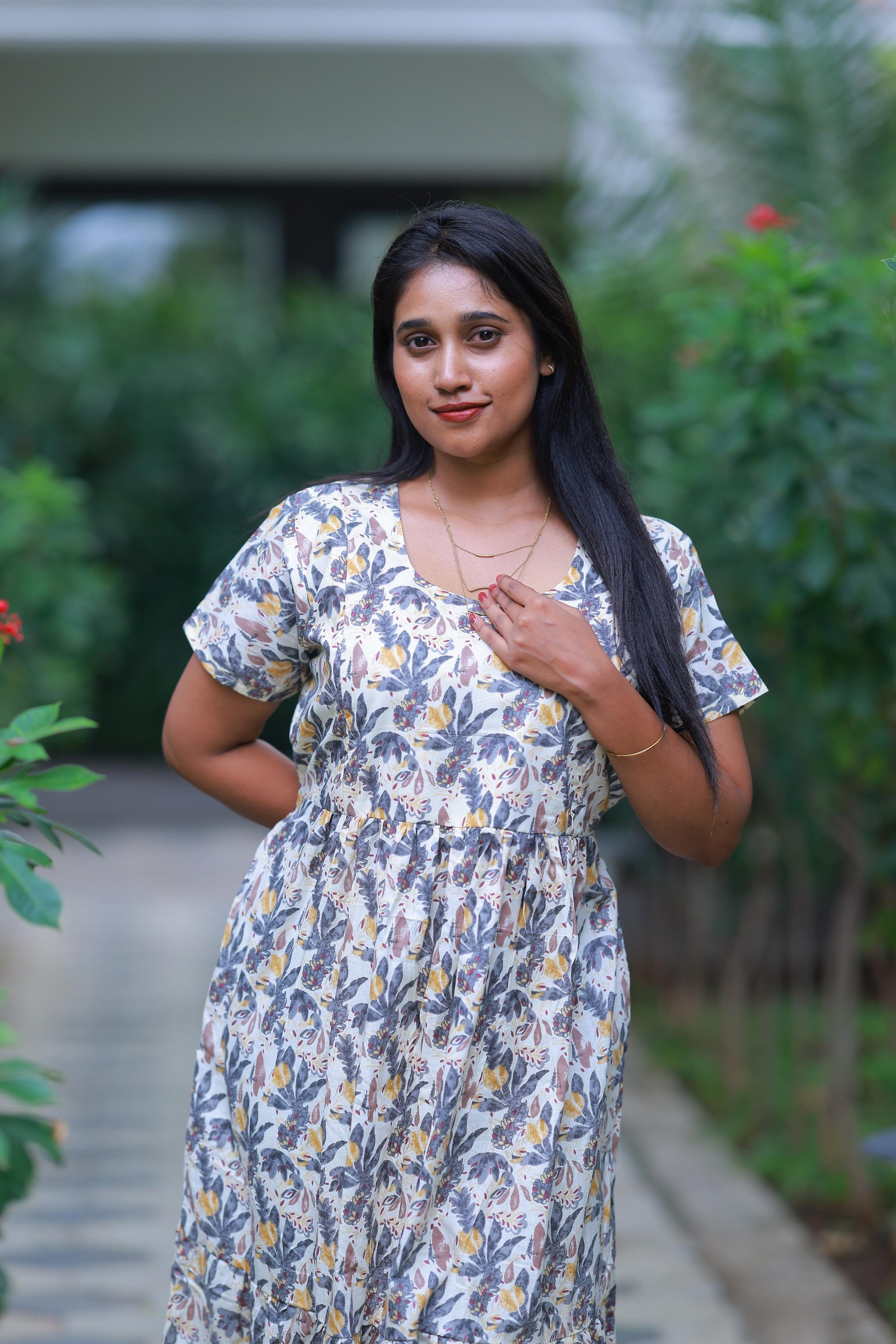 Sandal With Gray Flower Design Pure cotton navy blue frock with center zip - AHA Nightwears