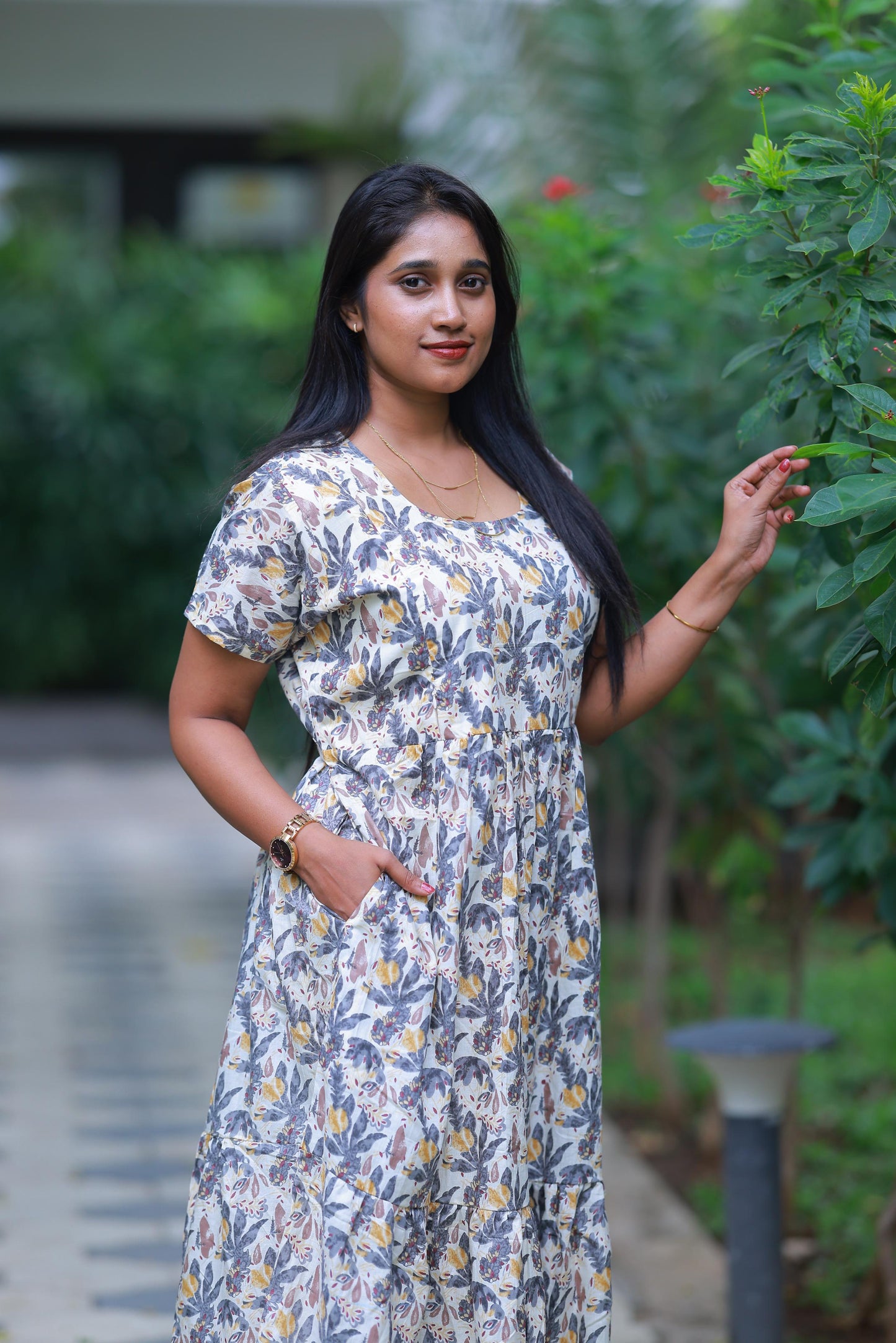 Sandal With Gray Flower Design Pure cotton navy blue frock with center zip - AHA Nightwears