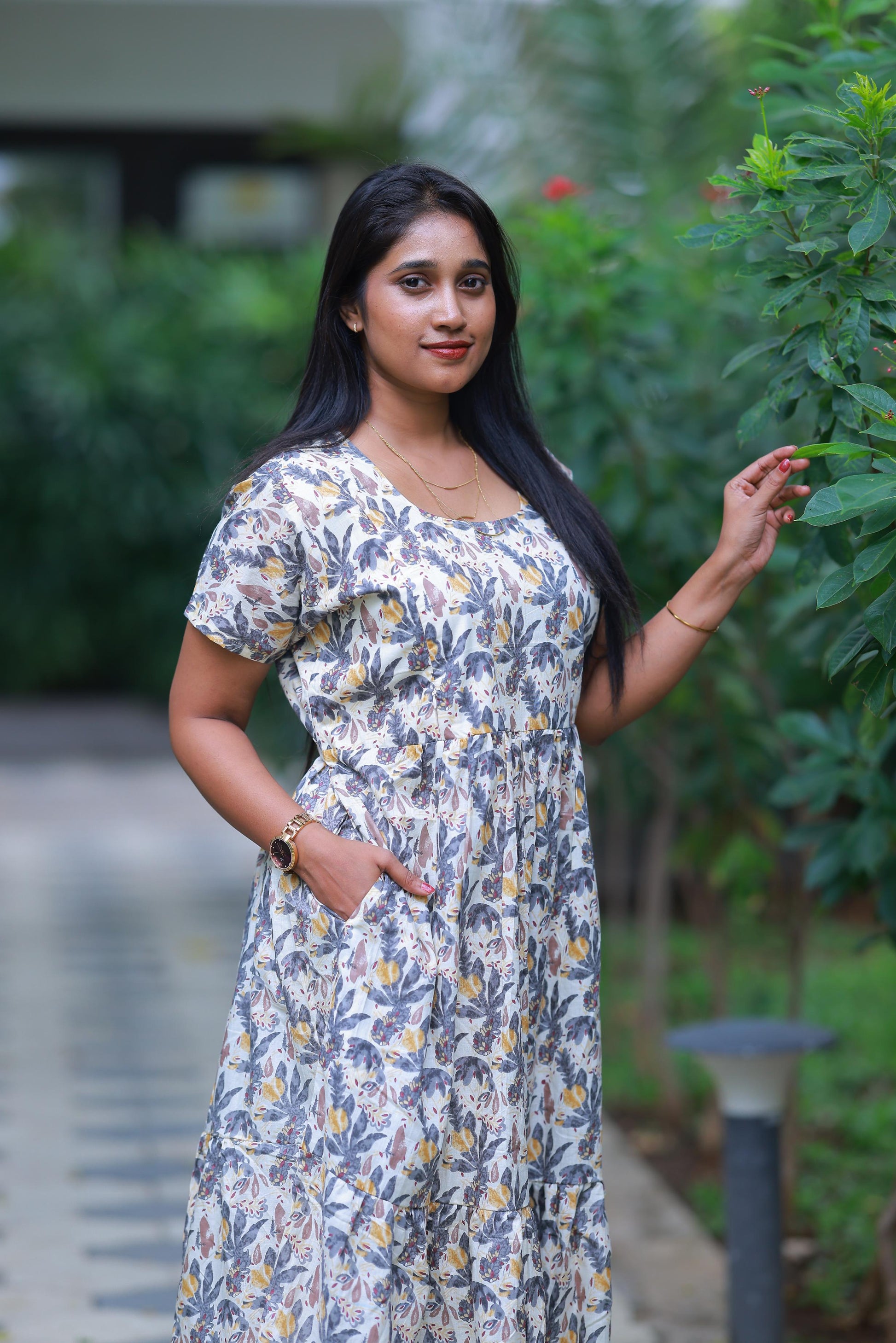 Sandal With Gray Flower Design Pure cotton navy blue frock with center zip - AHA Nightwears