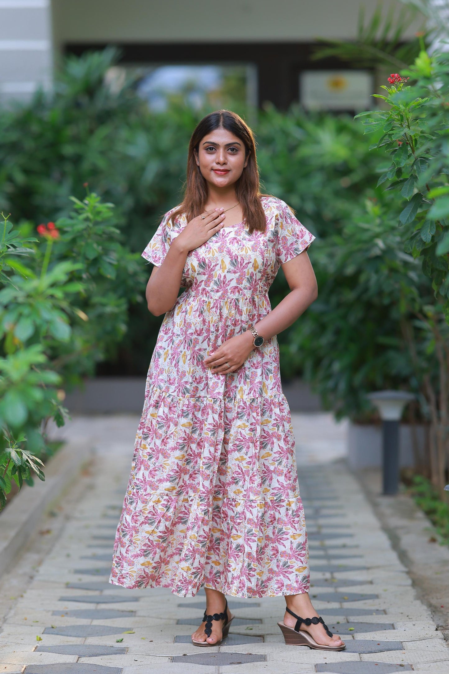 Sandal With Purple Flower Design Pure cotton navy blue frock with center zip - AHA Nightwears