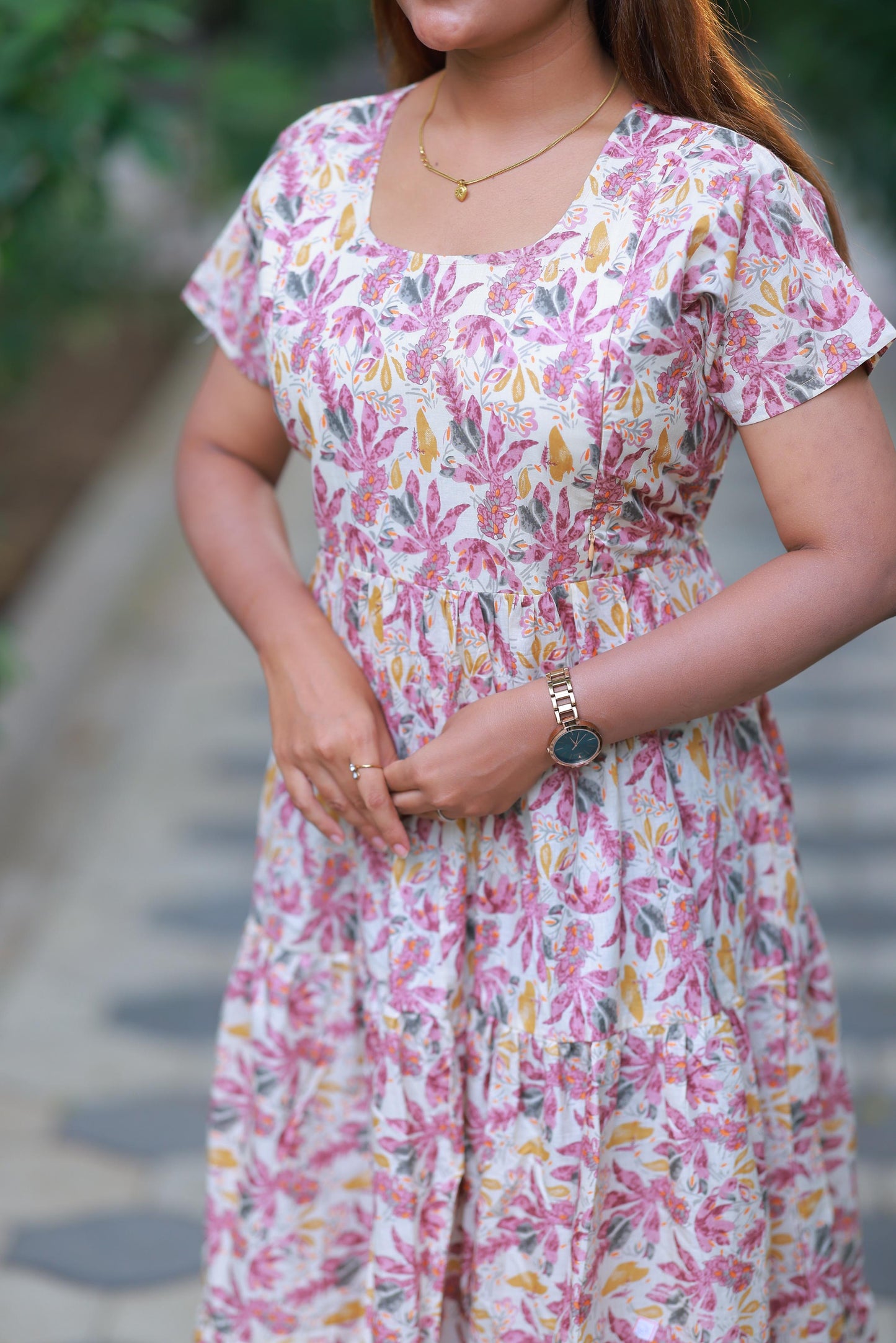 Sandal With Purple Flower Design Pure cotton navy blue frock with center zip - AHA Nightwears