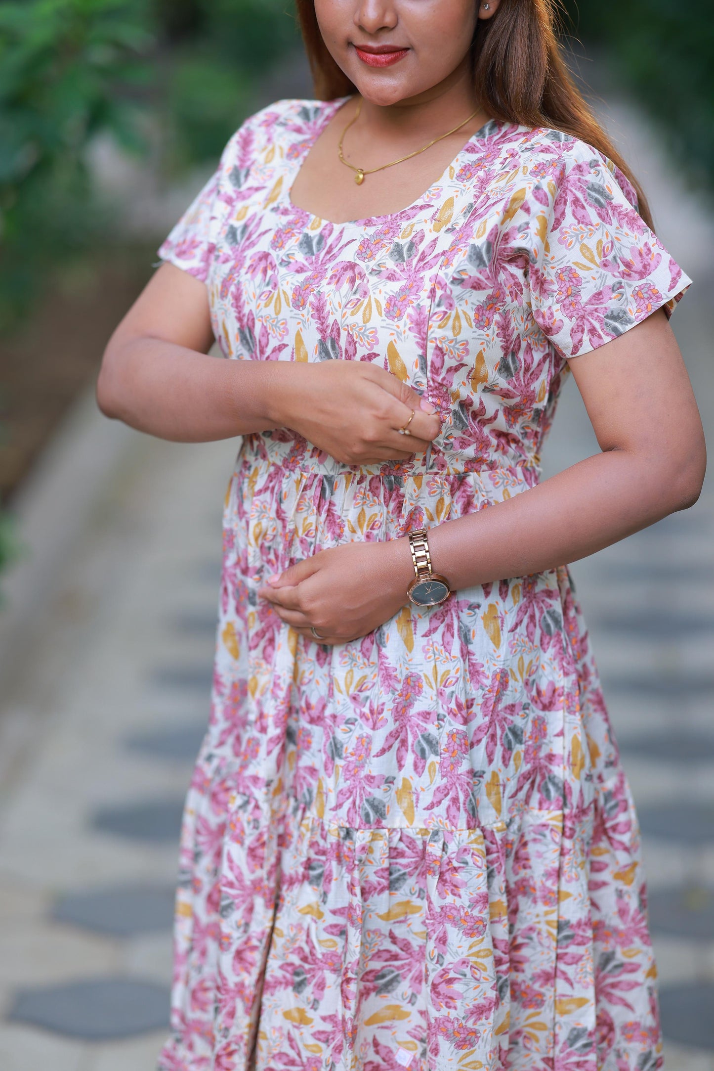 Sandal With Purple Flower Design Pure cotton navy blue frock with center zip - AHA Nightwears