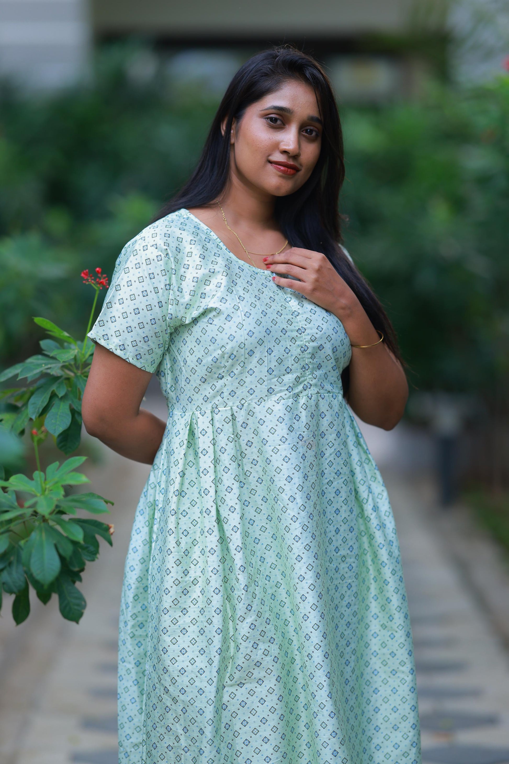 Light Green with Black design Premium center zip Frock - AHA Nightwears