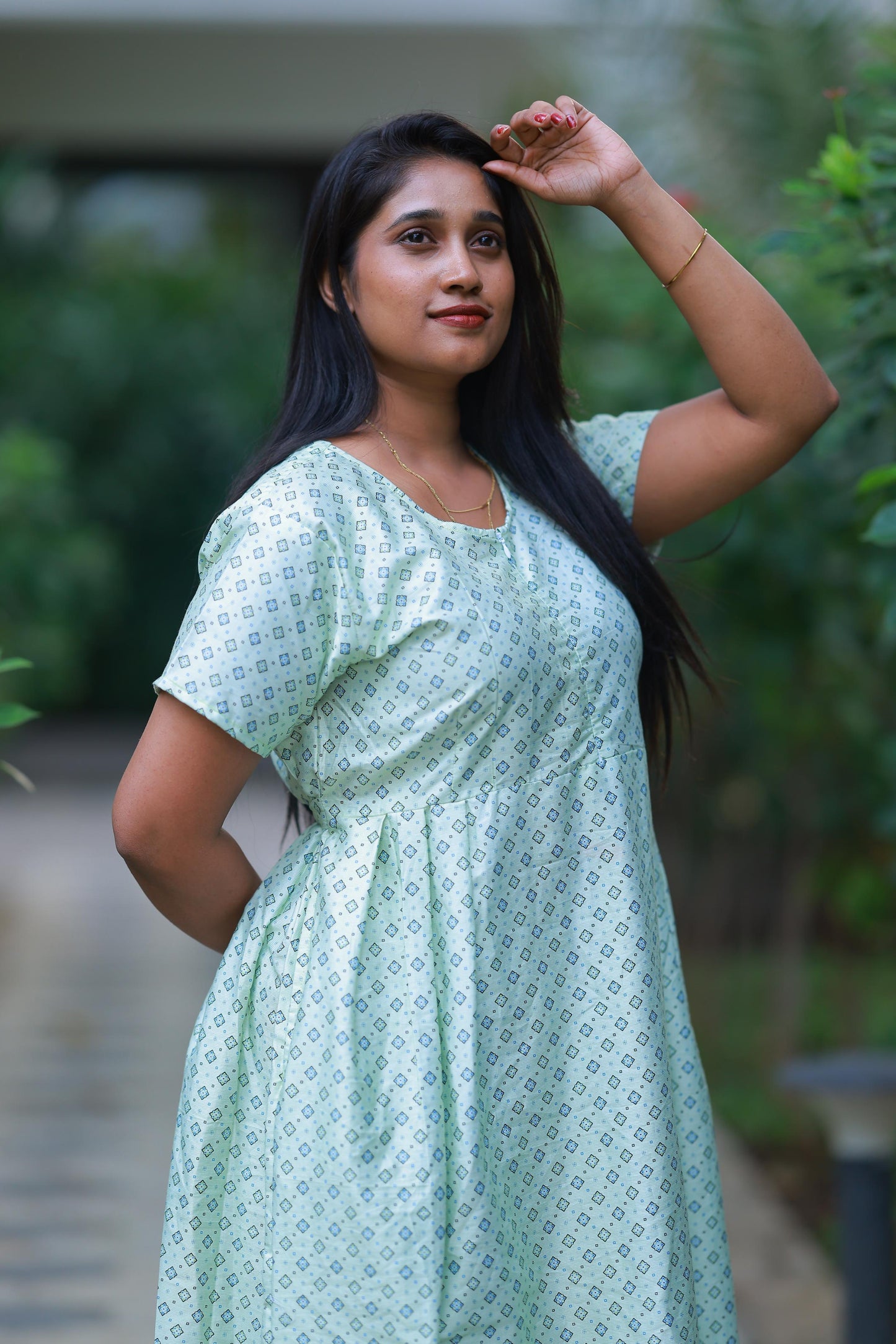 Light Green with Black design Premium center zip Frock - AHA Nightwears