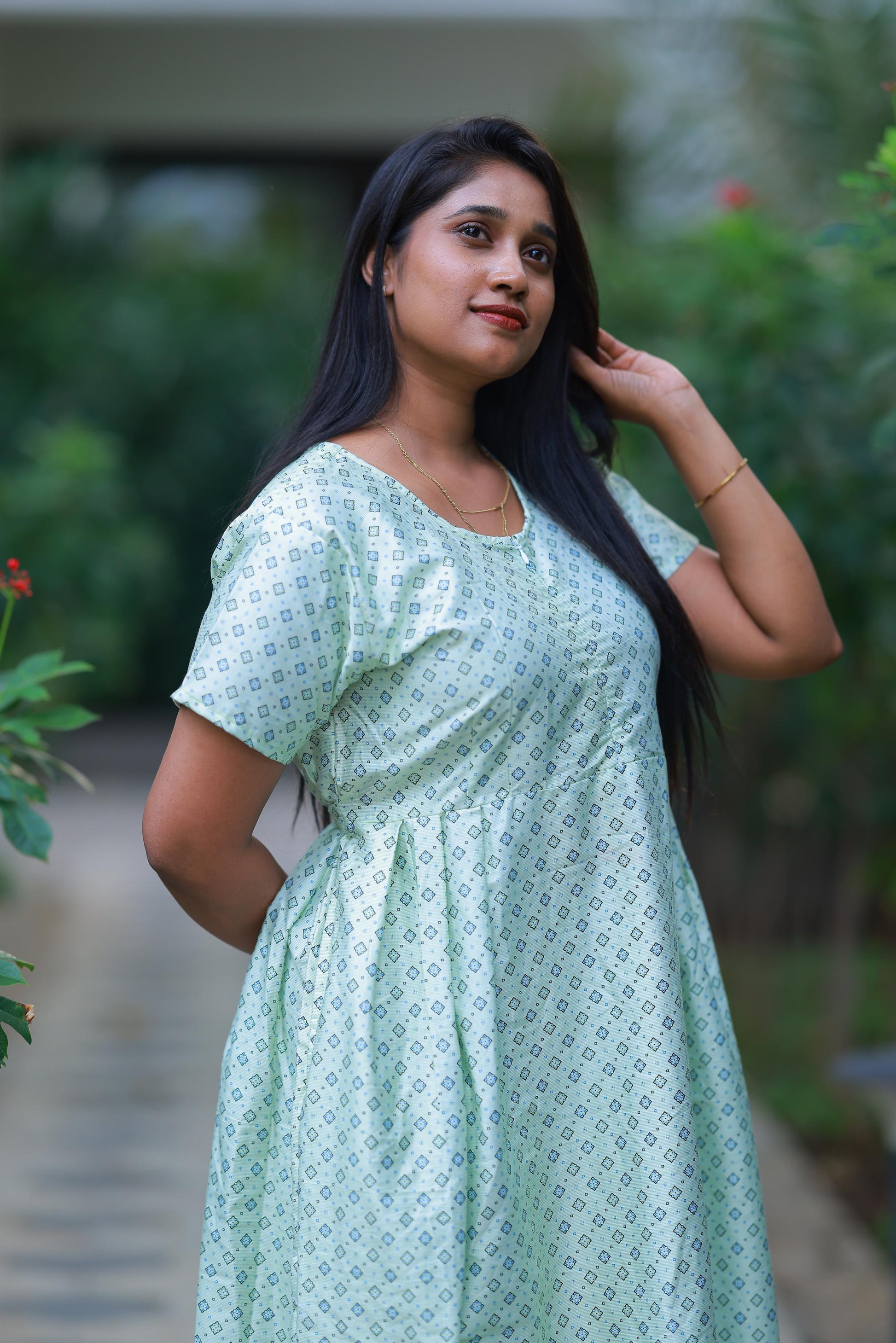 Light Green with Black design Premium center zip Frock - AHA Nightwears