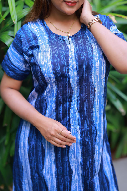 Dark Blue With Light Blue Line Design Invisible Center Zip Feeding Nighty