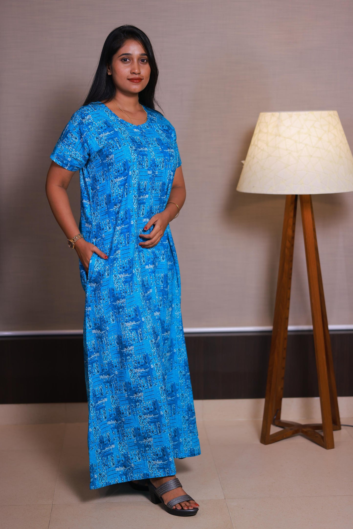 Dark Cyan With white Floral Design Invisible Center Zip Feeding Nighty