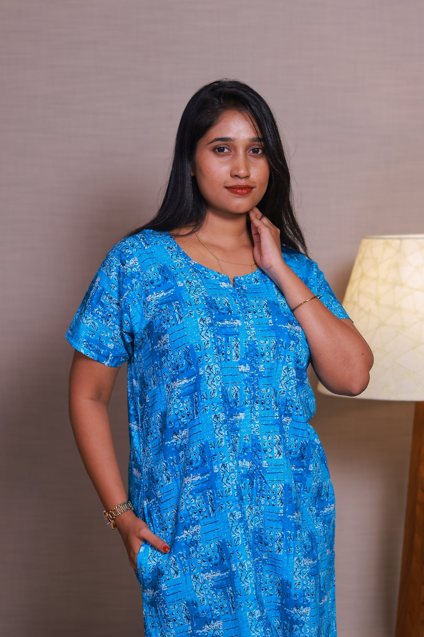 Dark Cyan With white Floral Design Invisible Center Zip Feeding Nighty