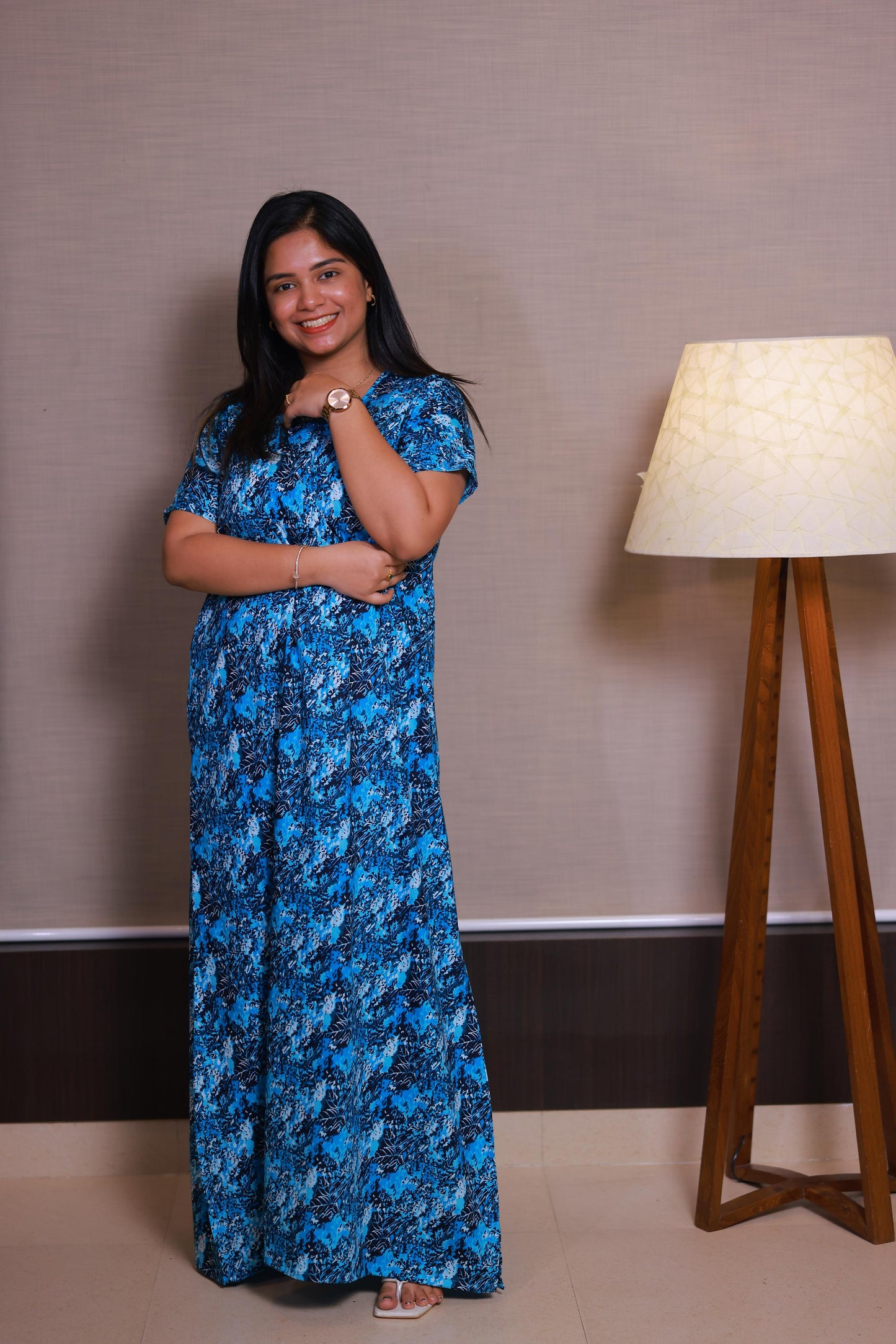 Dark Blue With White Flower Design Invisible Center Zip Feeding Nighty