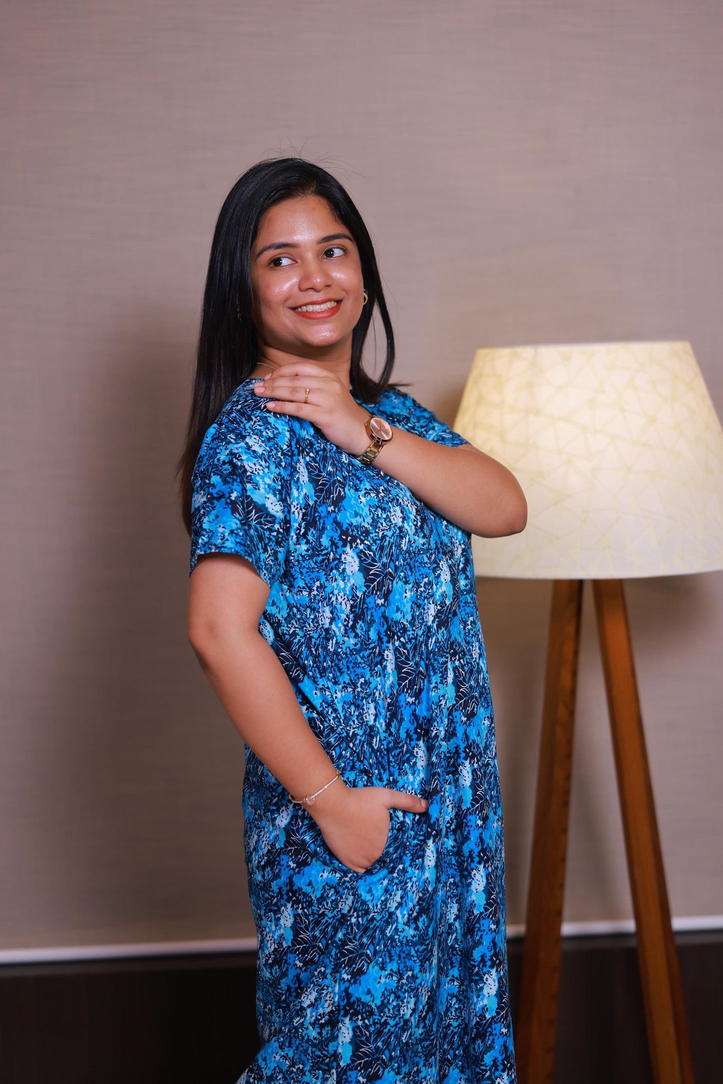 Dark Blue With White Flower Design Invisible Center Zip Feeding Nighty