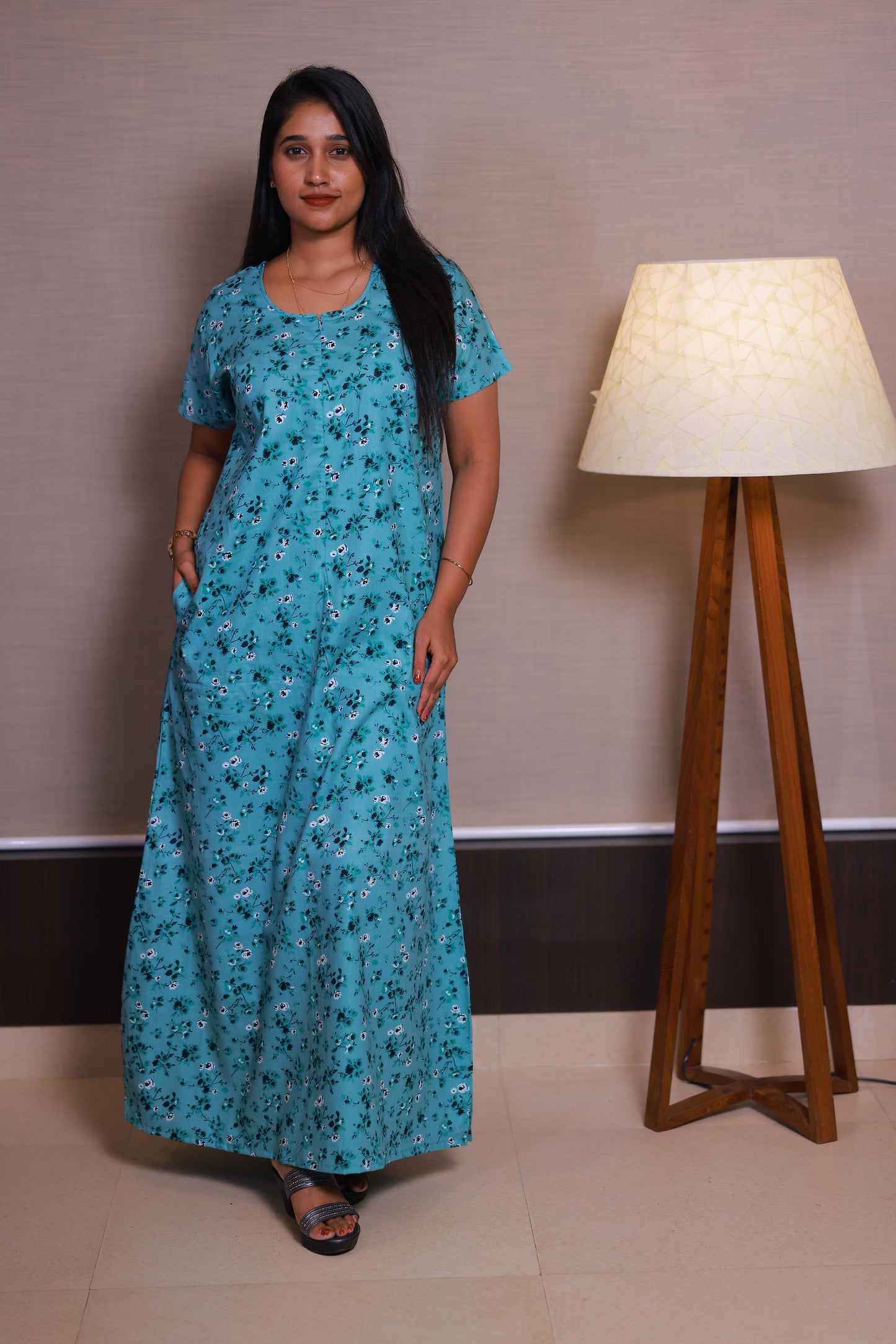 Mint Green With Light Green Flower Design Invisible Center Zip Feeding Nighty - AHA Nightwears