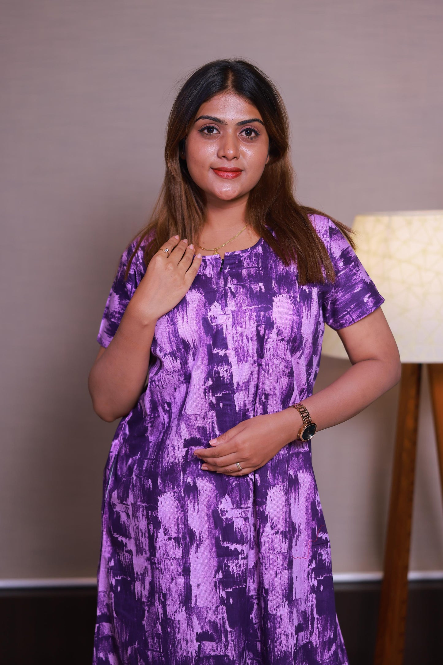 Purple With Light Purple Floral Design Invisible Center Zip Feeding Nighty