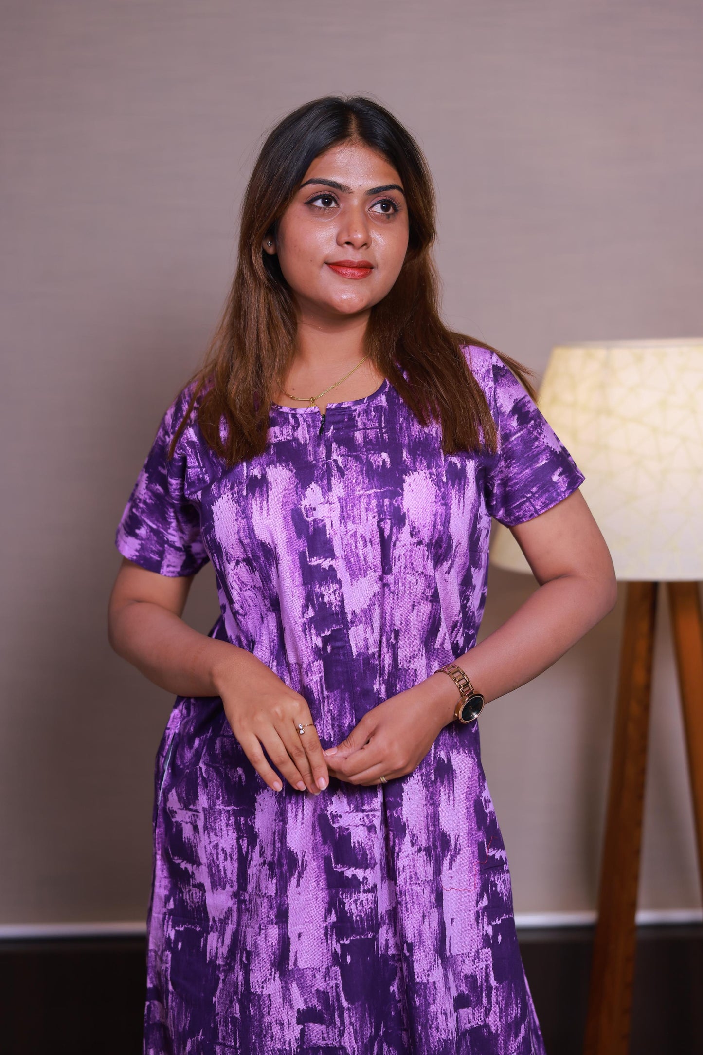 Purple With Light Purple Floral Design Invisible Center Zip Feeding Nighty