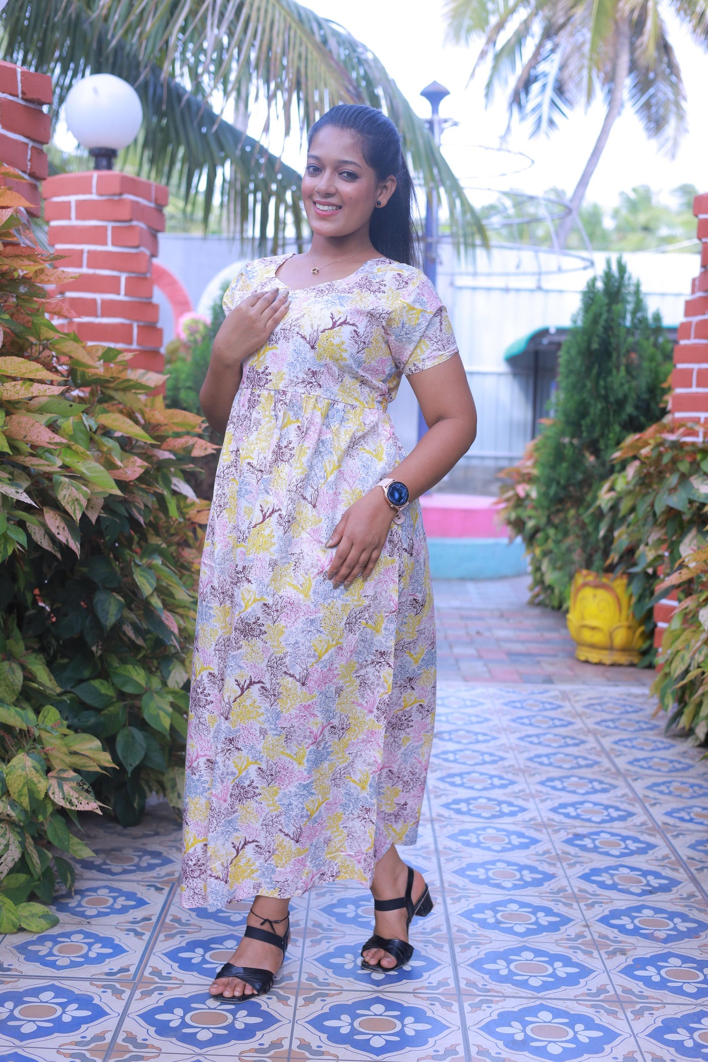 White With Yellow & Brown Floral Design Without zip  Frock