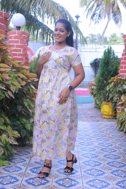 White With Yellow & Brown Floral Design Without zip  Frock
