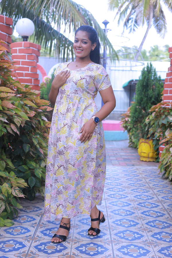 White With Yellow & Brown Floral Design Without zip  Frock