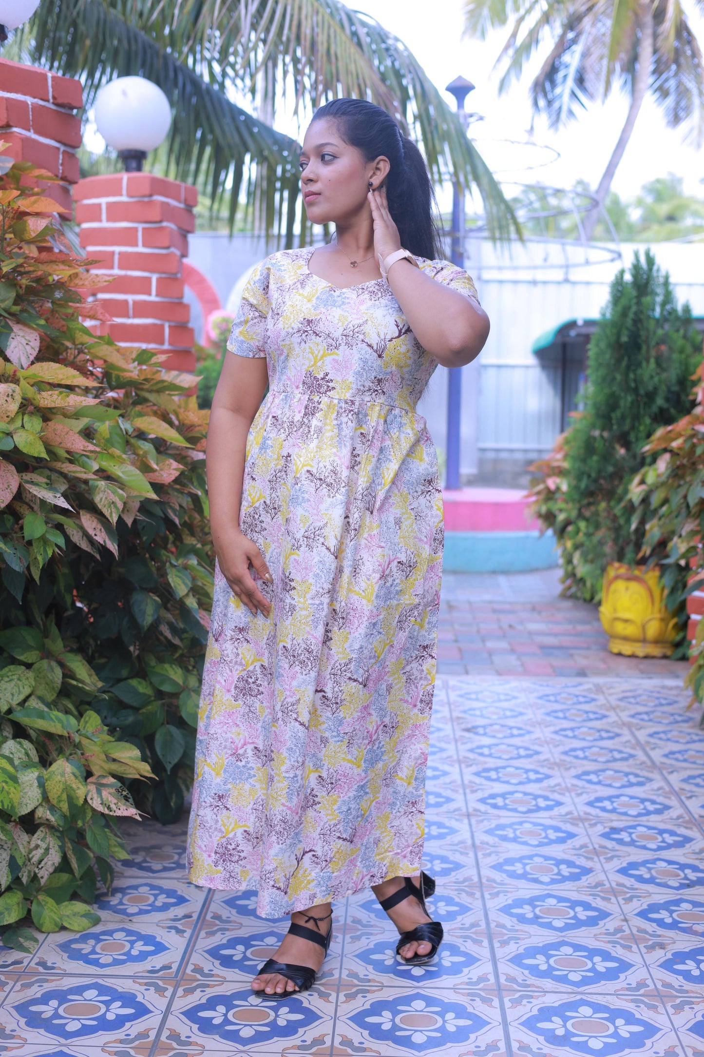 White With Yellow & Brown Floral Design Without zip  Frock