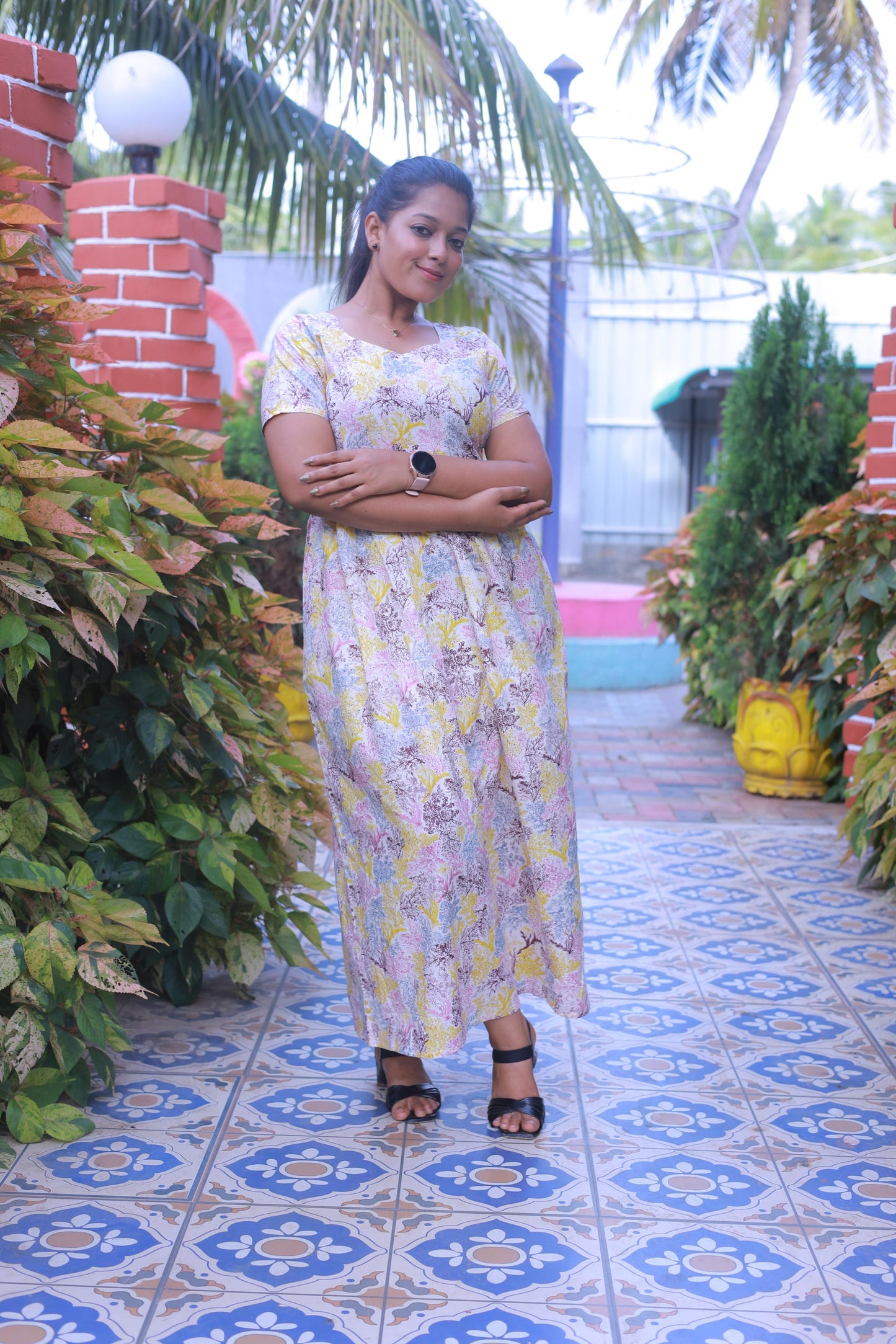 White With Yellow & Brown Floral Design Without zip  Frock
