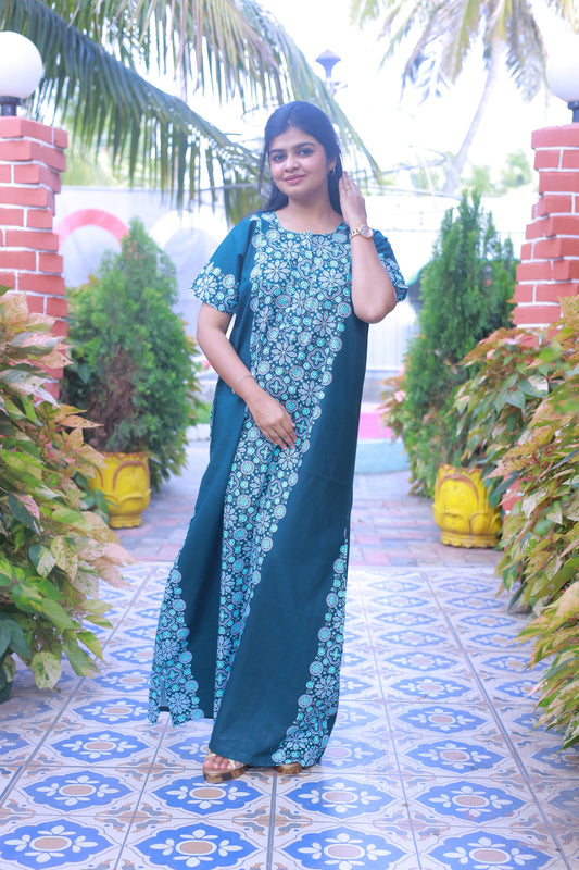 Dark Green With Blue and Offwhite Floral Design Piping Zip Nighty