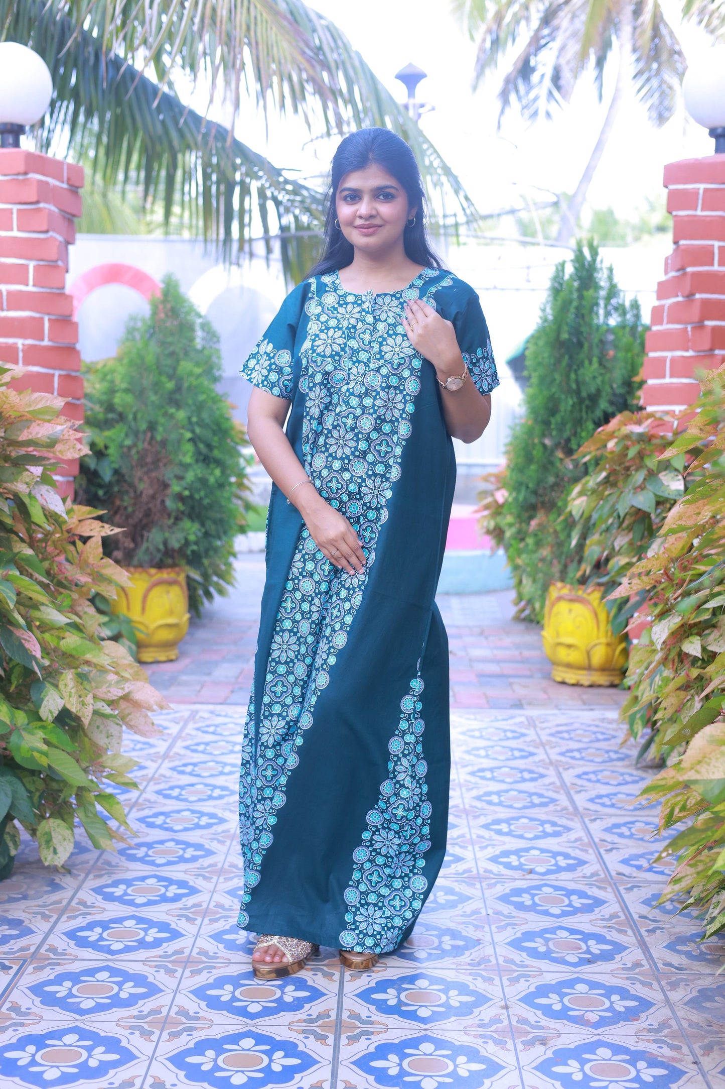 Dark Green With Blue and Offwhite Floral Design Piping Zip Nighty
