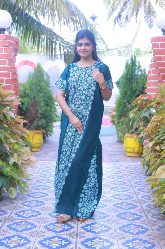 Dark Green With Blue and Offwhite Floral Design Piping Zip Nighty
