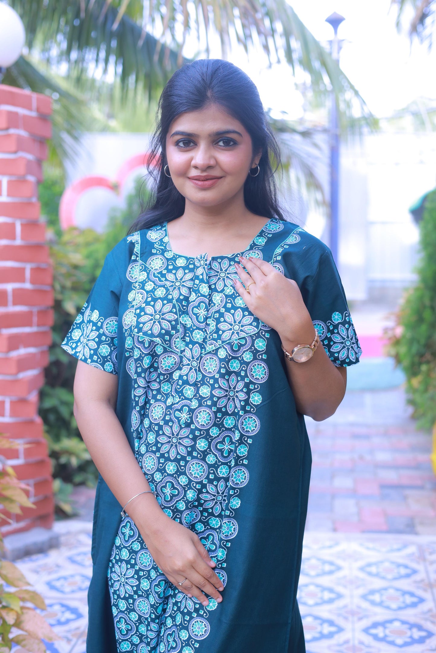 Dark Green With Blue and Offwhite Floral Design Piping Zip Nighty