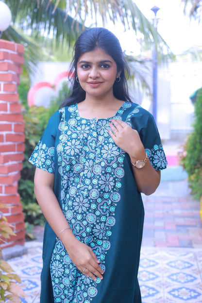 Dark Green With Blue and Offwhite Floral Design Piping Zip Nighty