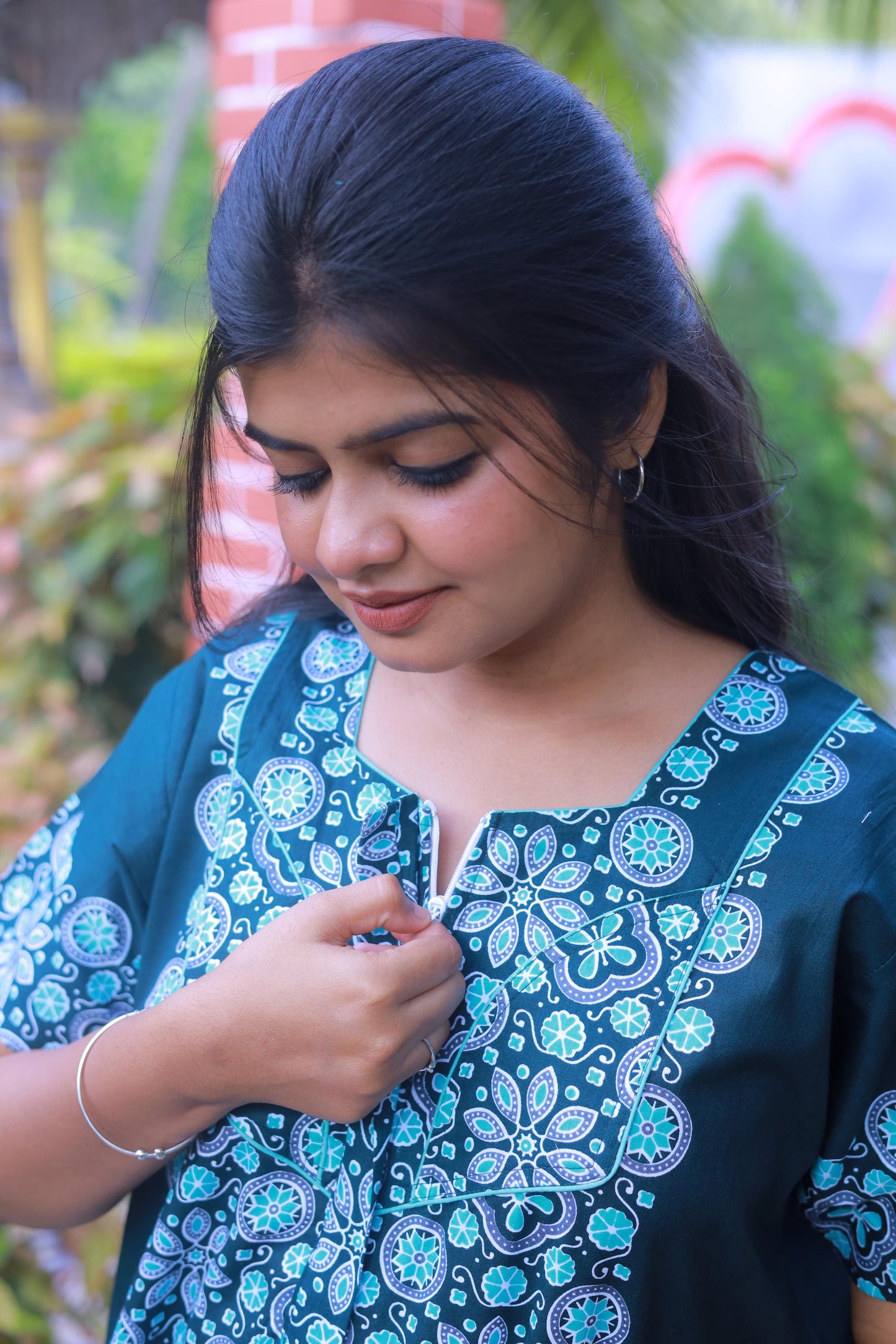 Dark Green With Blue and Offwhite Floral Design Piping Zip Nighty