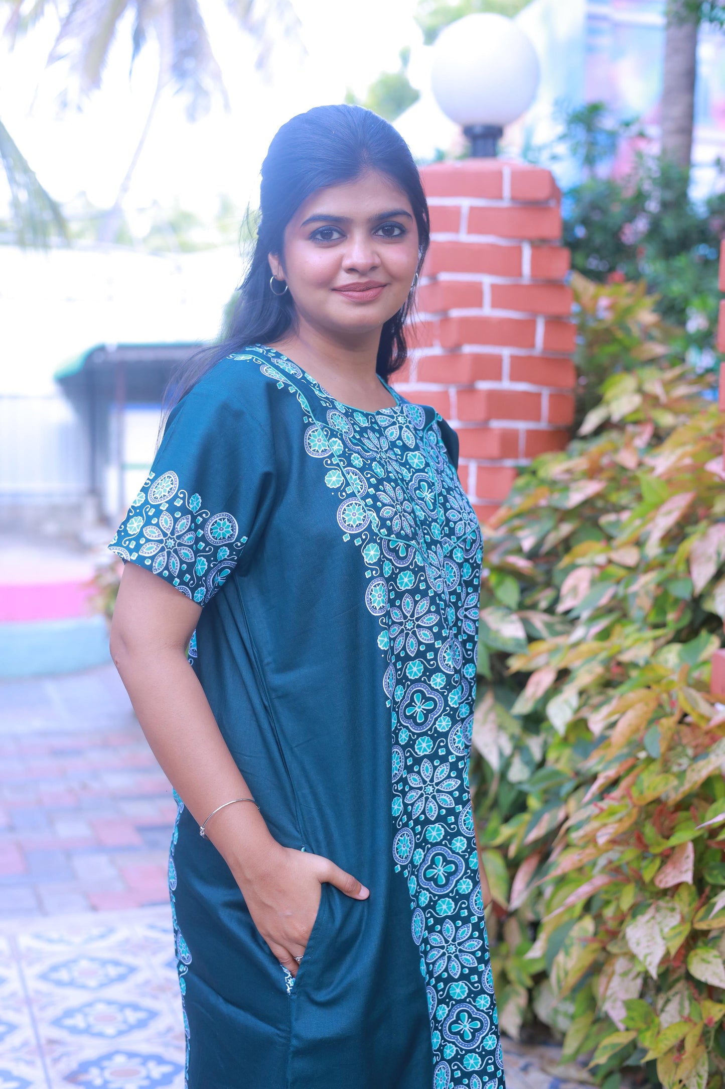 Dark Green With Blue and Offwhite Floral Design Piping Zip Nighty