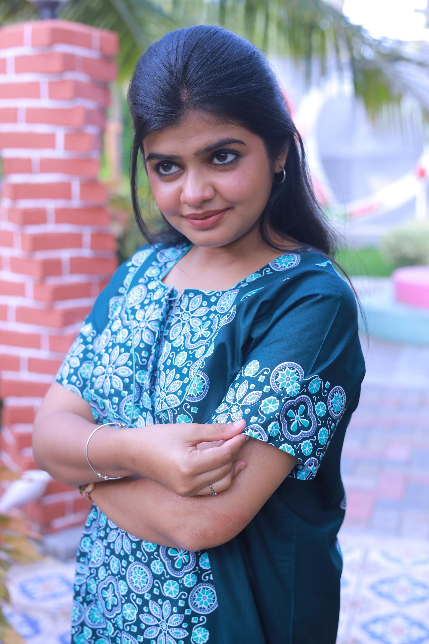 Dark Green With Blue and Offwhite Floral Design Piping Zip Nighty