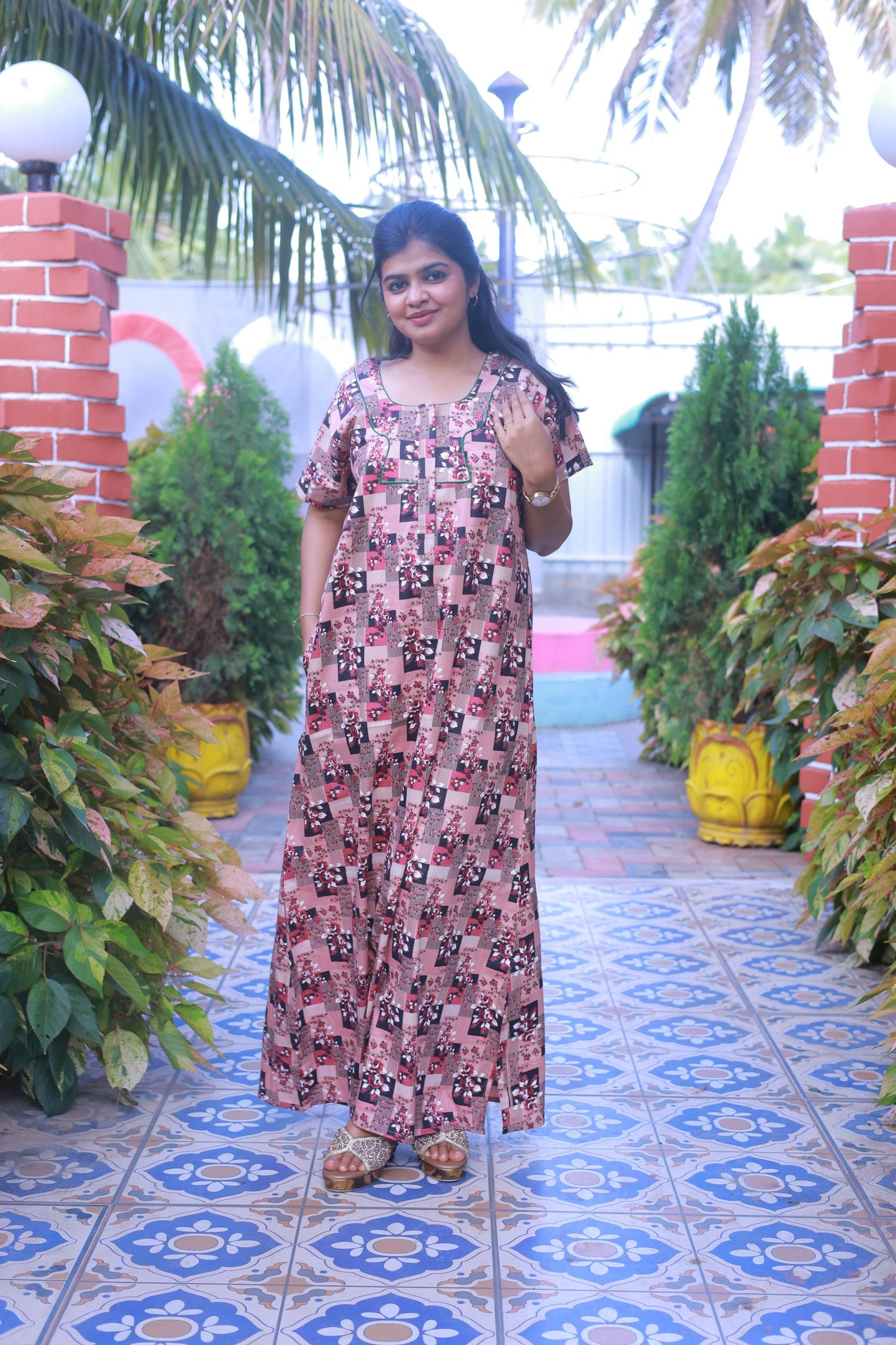 Sandal with Maroon Floral Pattern Design Piping Zip Nighty