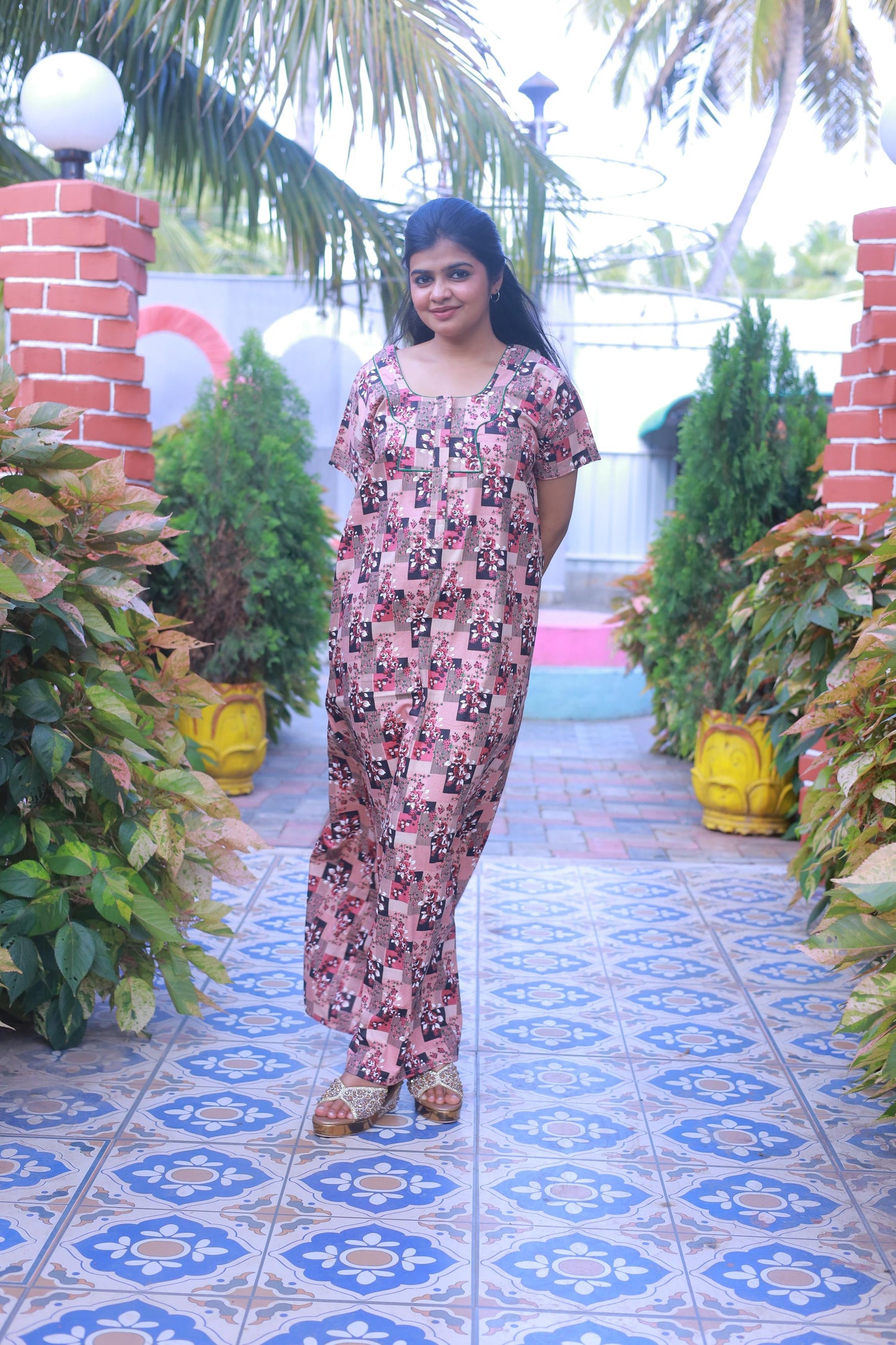 Sandal with Maroon Floral Pattern Design Piping Zip Nighty