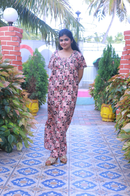 Sandal with Maroon Floral Pattern Design Piping Zip Nighty
