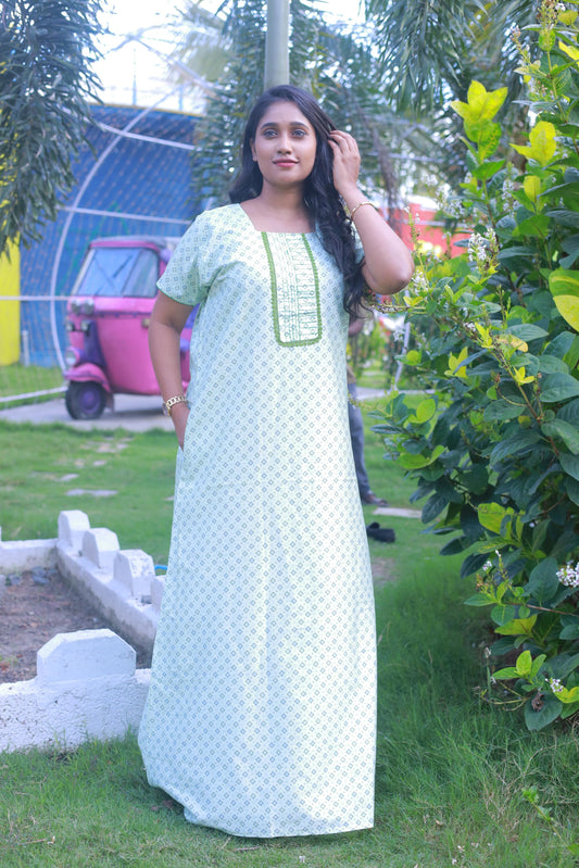 Light Green With Block Flower Design W/O Zip  Premium Nighty