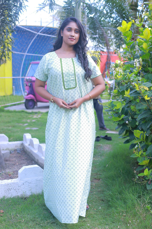 Light Green With Block Flower Design W/O Zip  Premium Nighty