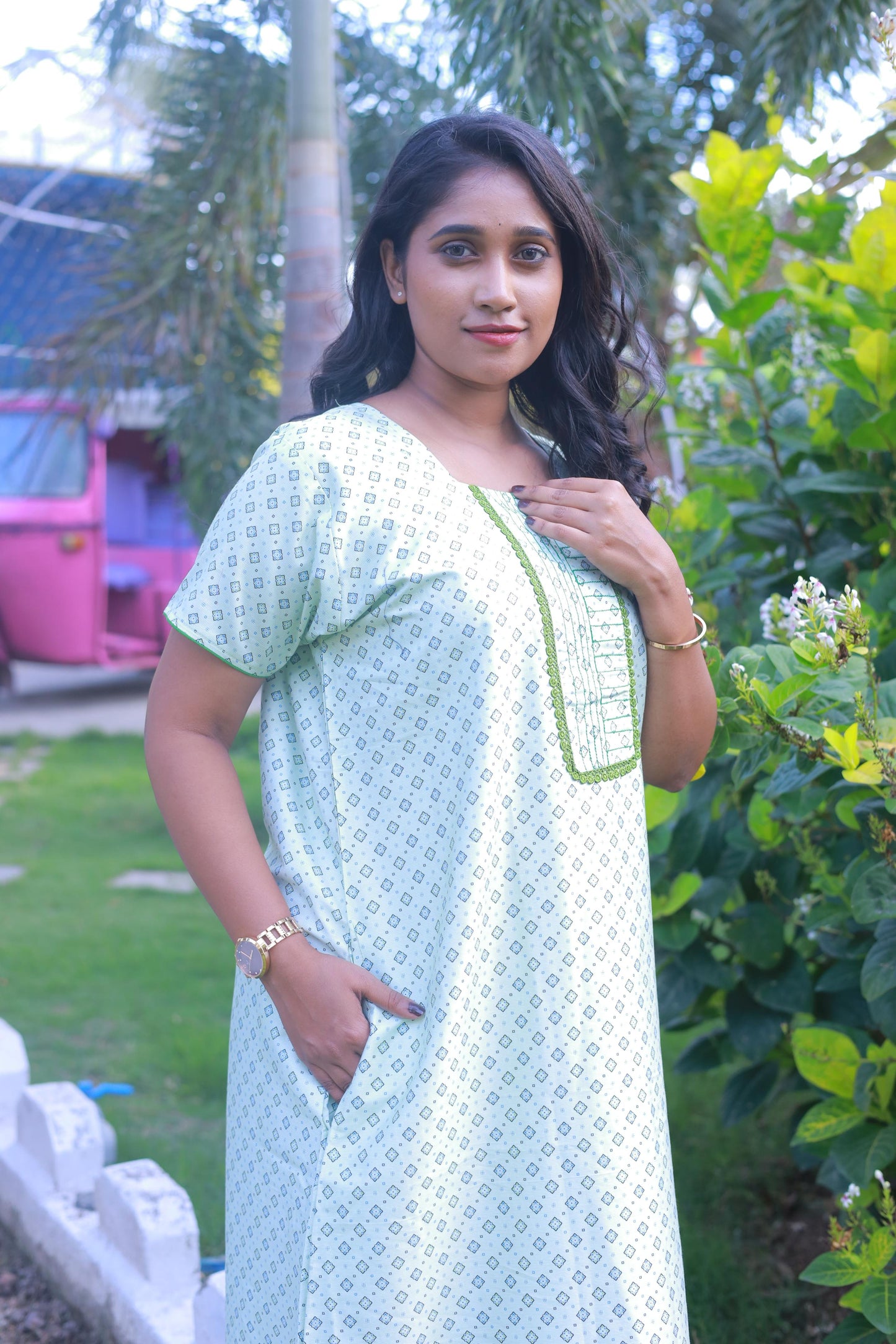 Light Green With Block Flower Design W/O Zip  Premium Nighty