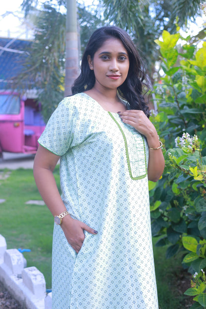 Light Green With Block Flower Design W/O Zip  Premium Nighty