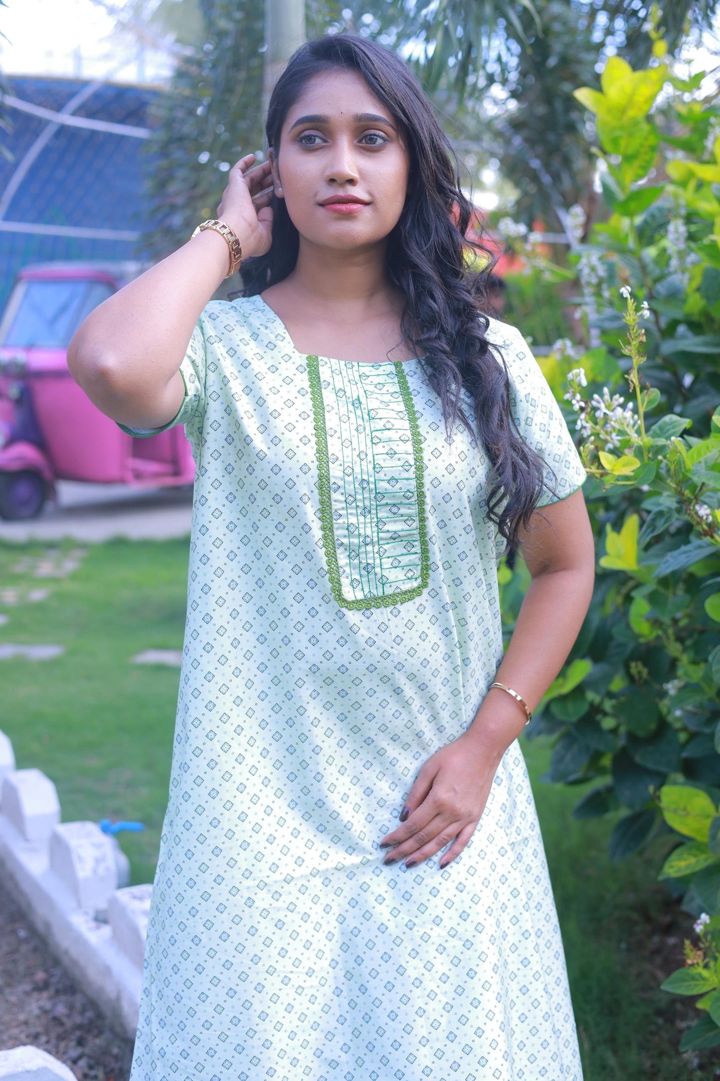 Light Green With Block Flower Design W/O Zip  Premium Nighty