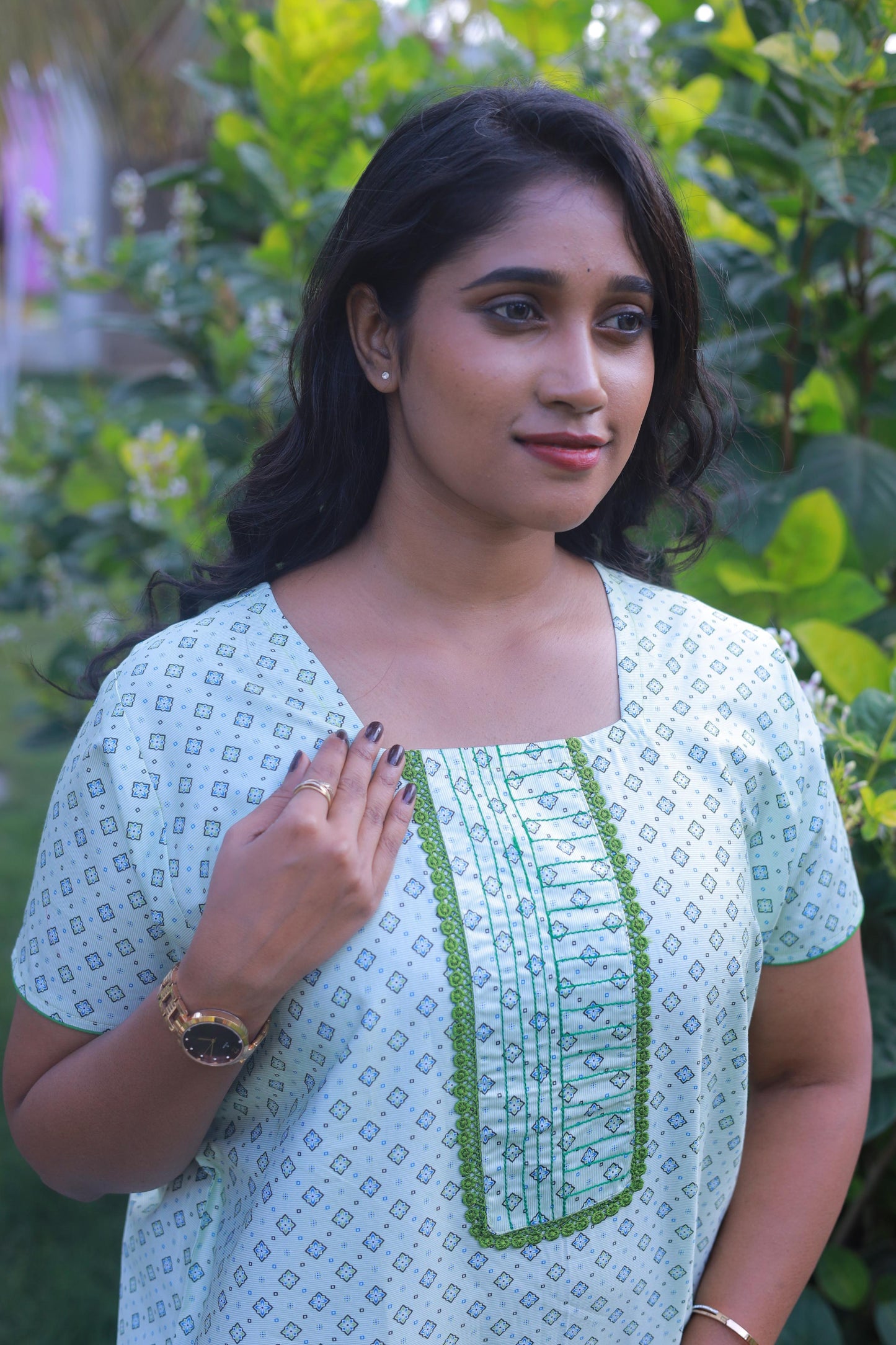 Light Green With Block Flower Design W/O Zip  Premium Nighty