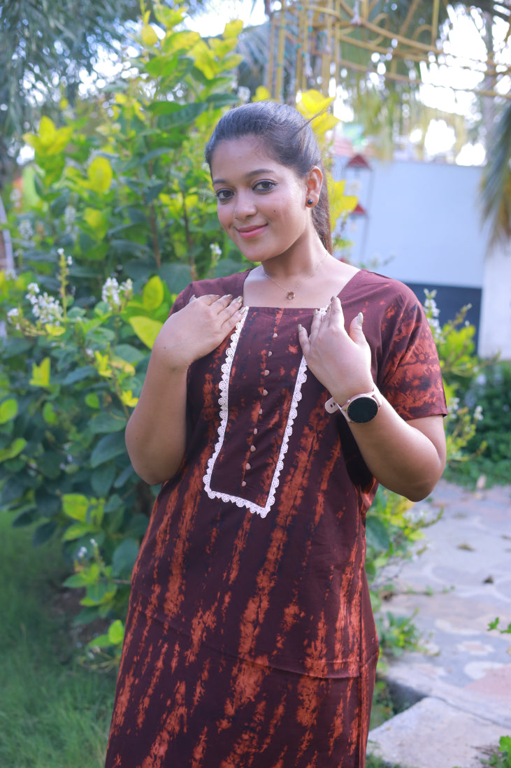 Dark Brown Tie and Dye Lace Model Without Zip Nighty