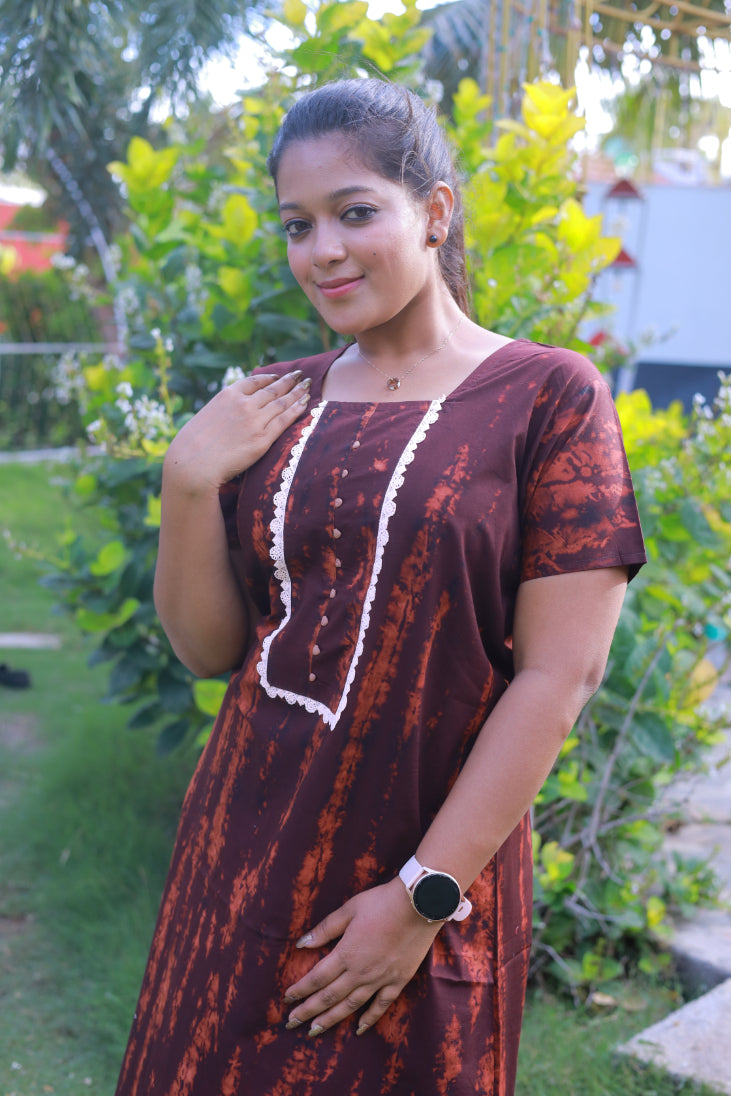 Dark Brown Tie and Dye Lace Model Without Zip Nighty