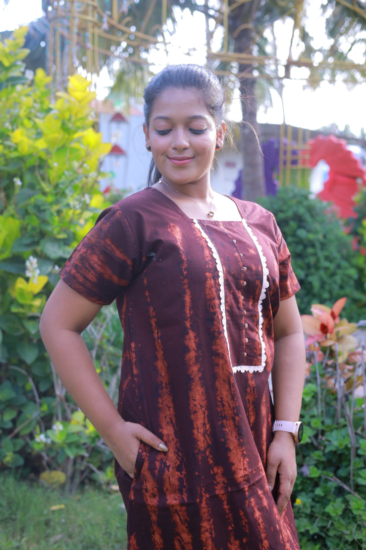 Dark Brown Tie and Dye Lace Model Without Zip Nighty