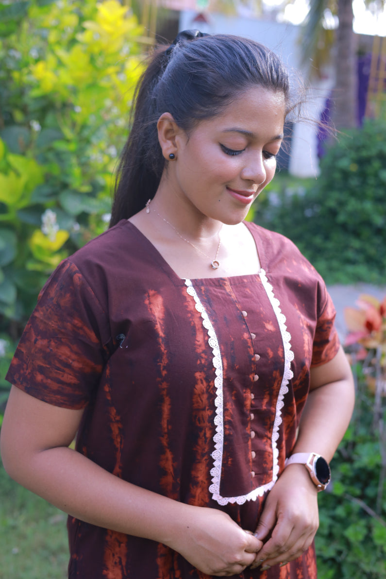Dark Brown Tie and Dye Lace Model Without Zip Nighty