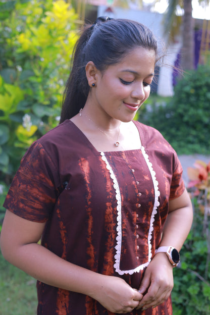 Dark Brown Tie and Dye Lace Model Without Zip Nighty