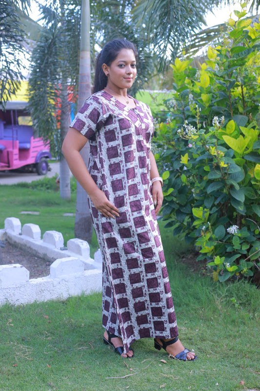 Peach with Purple Pattern Design Piping Zip Nighty
