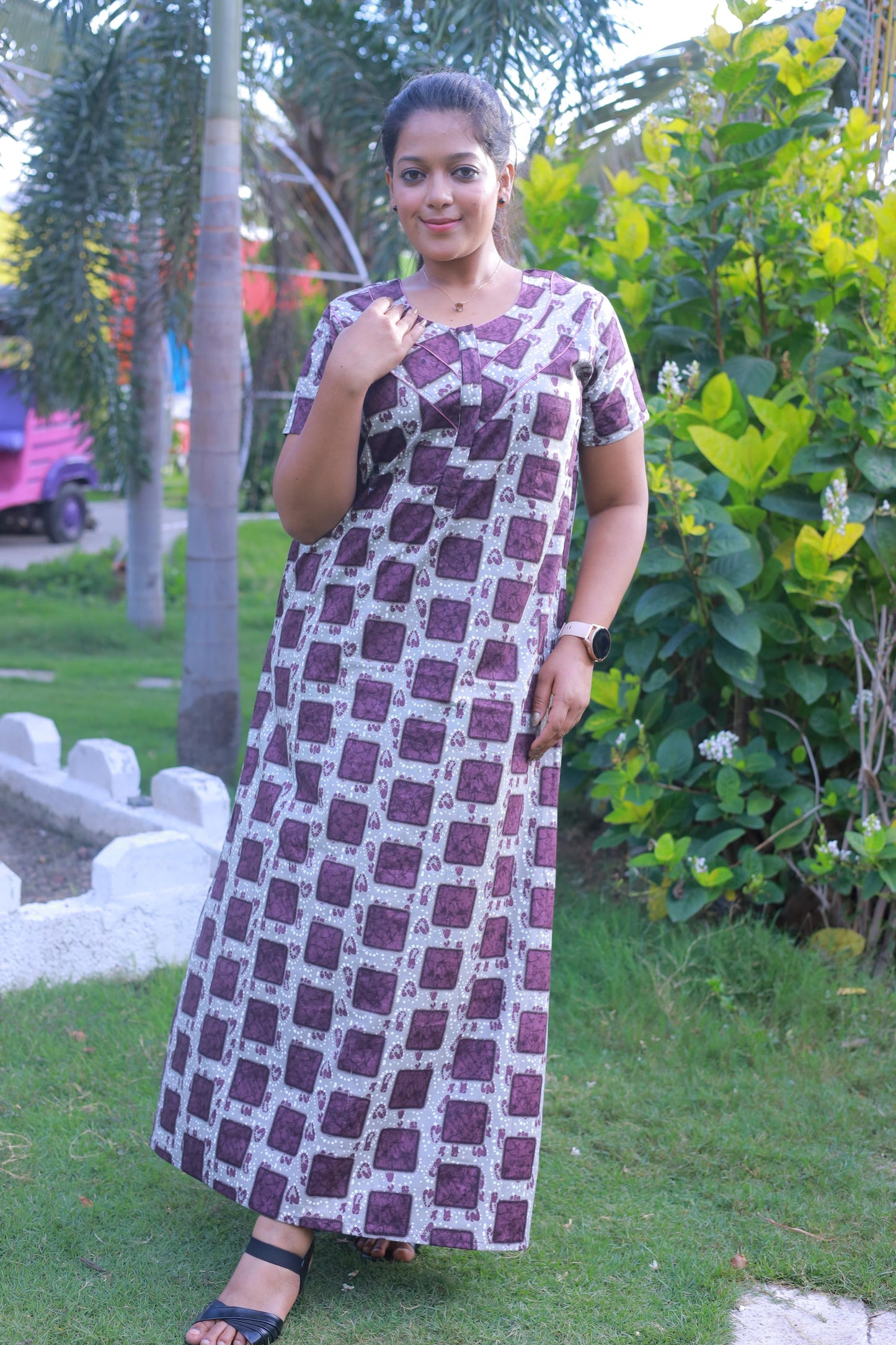 Peach with Purple Pattern Design Piping Zip Nighty