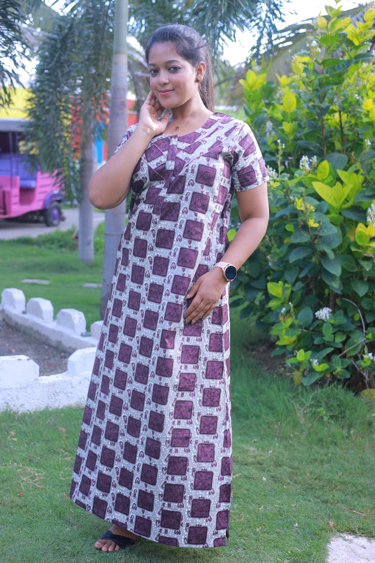 Peach with Purple Pattern Design Piping Zip Nighty
