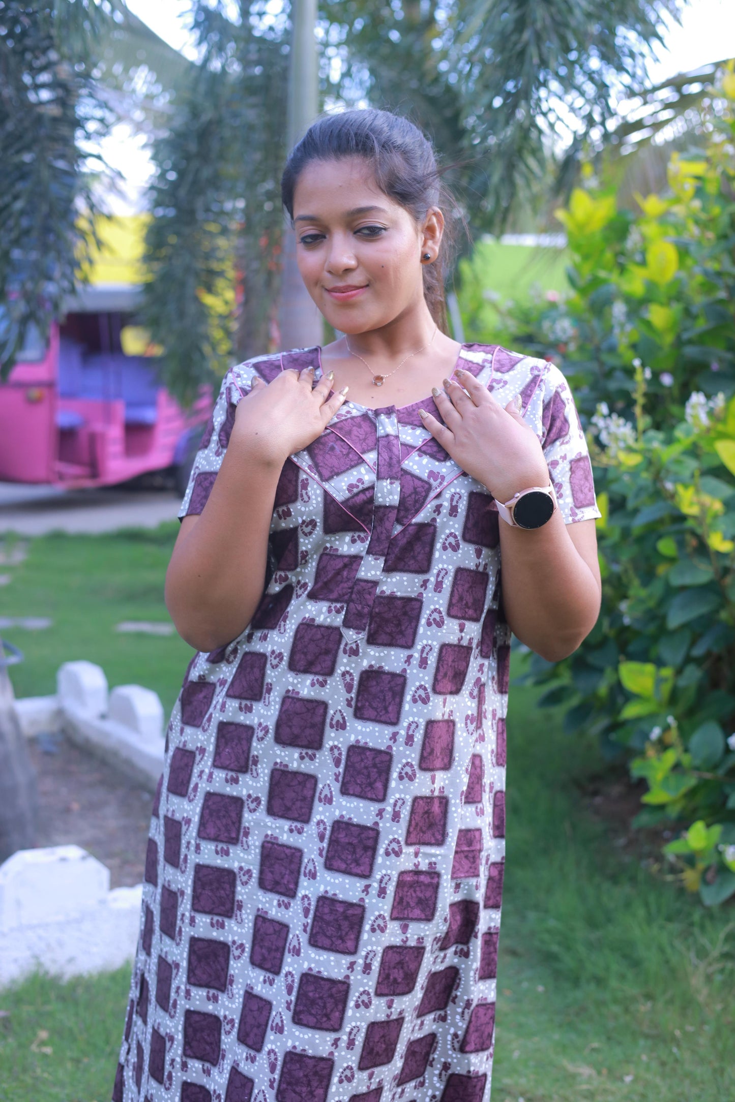 Peach with Purple Pattern Design Piping Zip Nighty