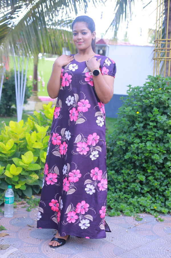 Drak Purple With Pink Flower Design V Neck Pattern Puff Sleeve Without Zip Nighty