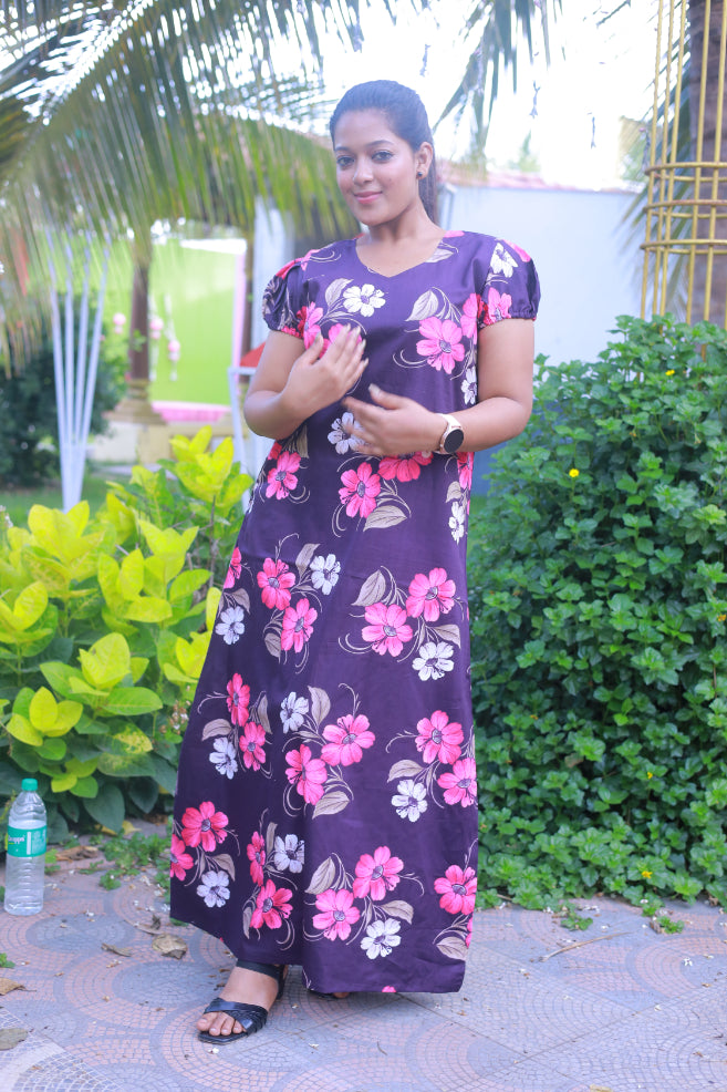Drak Purple With Pink Flower Design V Neck Pattern Puff Sleeve Without Zip Nighty